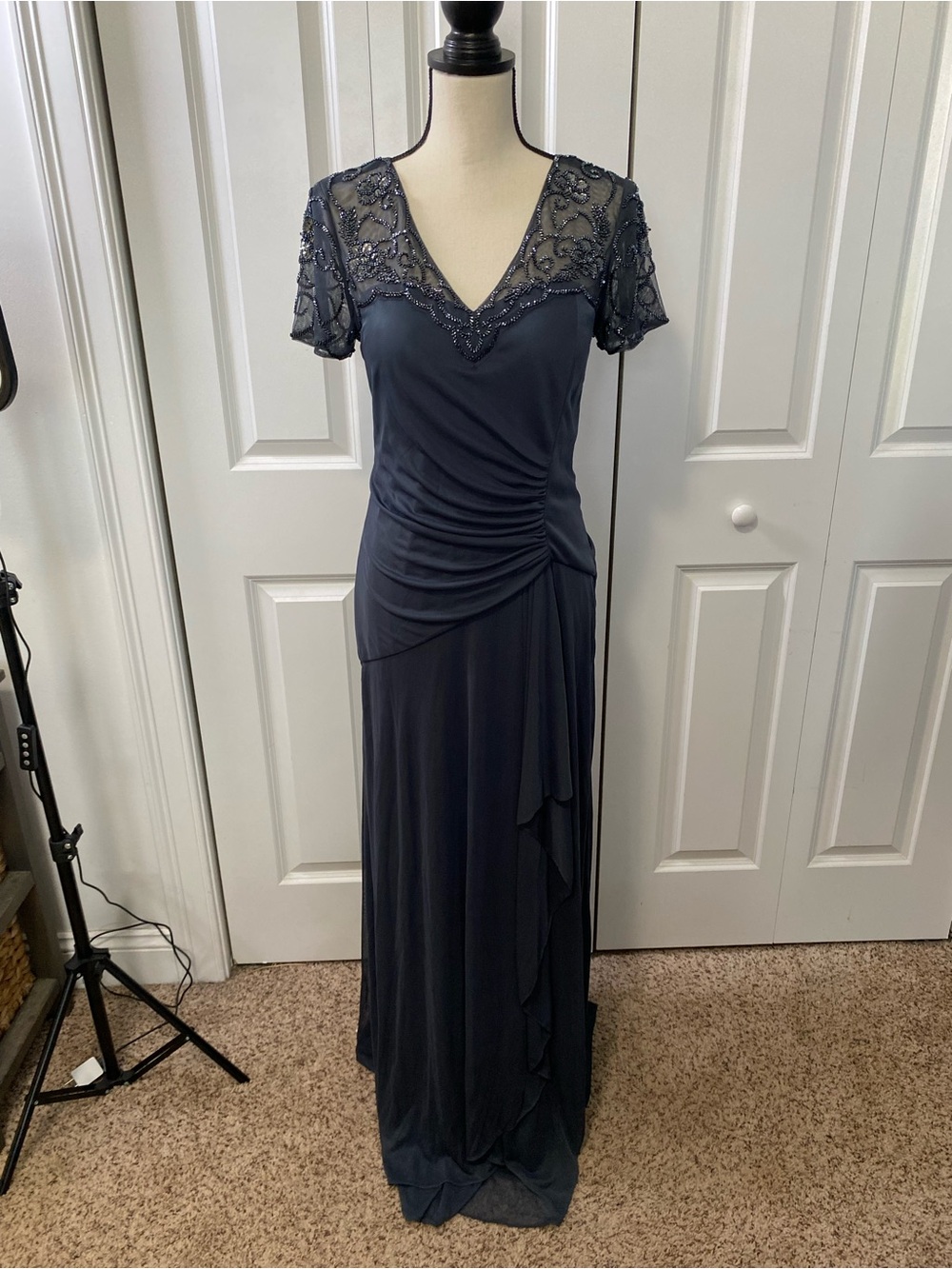 Xscape Beaded V-Neck Ruched Back Maxi Dress - Picture 2 of 10